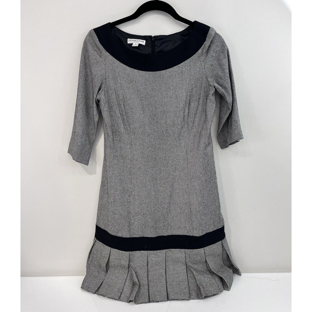 Pendleton Wool Silk Blend Dress Black Size 6 Petite Pleated Drop Waist Vintage